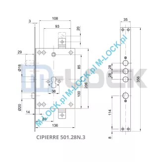 CIPIERRE 501.28N.3 zamek centralny-rozporowy na wkładkę (pod elektrozaczep) - 2